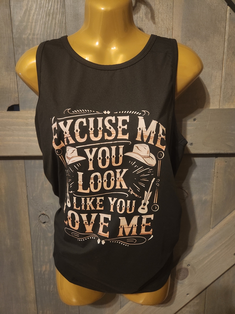 Black Graphic Tank Top with Tan Text - Women's Casual Tee